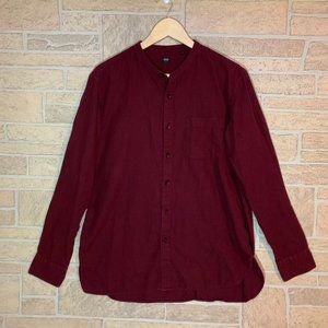 UNIQLO Mens Long Sleeve Band Collar Shirt Maroon L